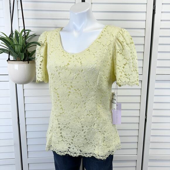 New Rachel Parcell Yellow Clover Lace Blouse Top Short Flutter Sleeve Size L - Picture 1 of 11